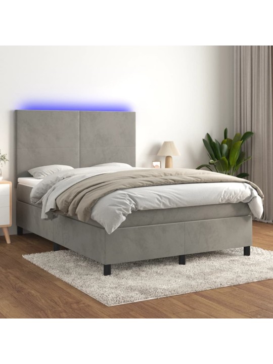 Box spring postel s matrací a LED světle šedá 140x200 cm samet