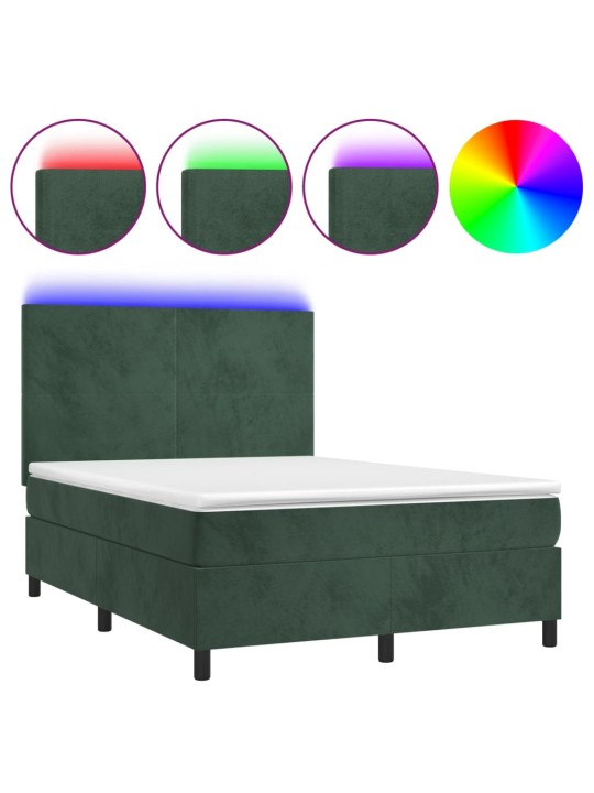 Box spring postel s matrací a led tmavě zelená 140x200 cm samet