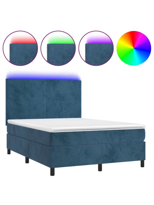 Box spring postel s matrací a LED tmavě modrá 140x200 cm samet