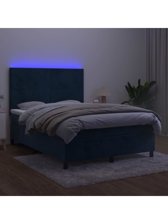 Box spring postel s matrací a LED tmavě modrá 140x200 cm samet