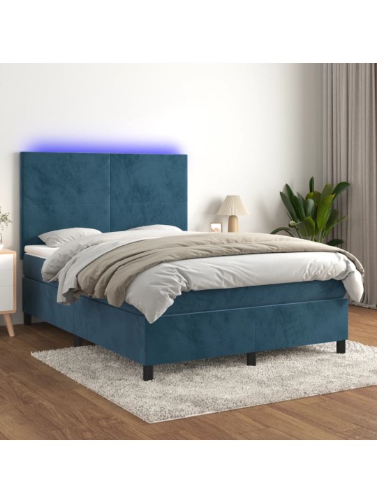 Box spring postel s matrací a LED tmavě modrá 140x200 cm samet
