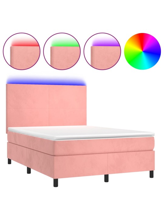 Box spring postel s matrací a led růžová 140x200 cm samet