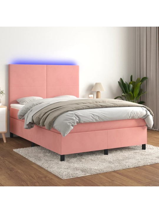 Box spring postel s matrací a led růžová 140x200 cm samet
