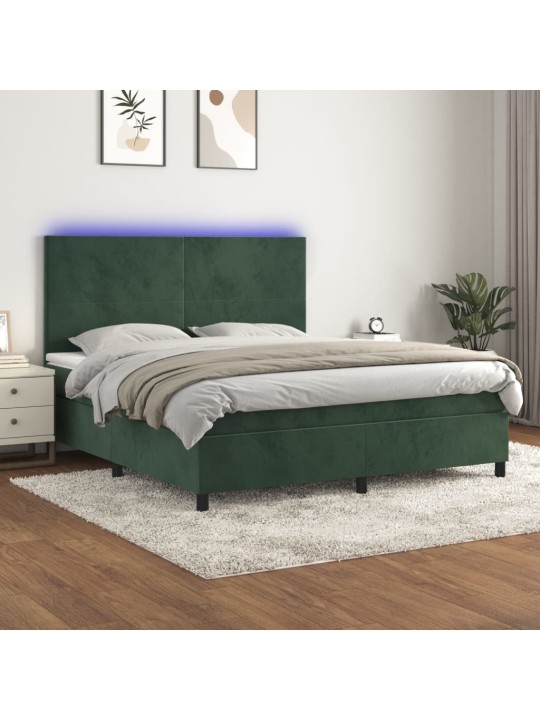 Box spring postel s matrací a led tmavě zelená 160x200 cm samet