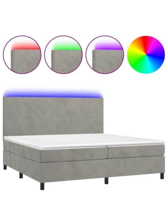 Box spring postel s matrací a LED světle šedá 200x200 cm samet