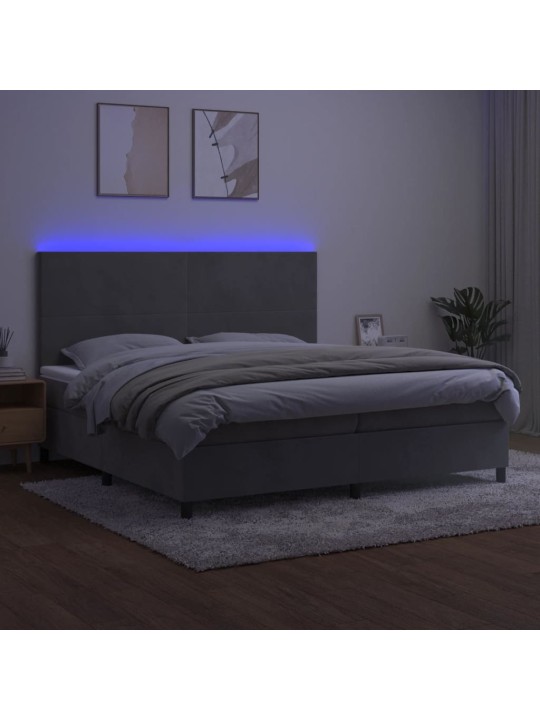 Box spring postel s matrací a LED světle šedá 200x200 cm samet
