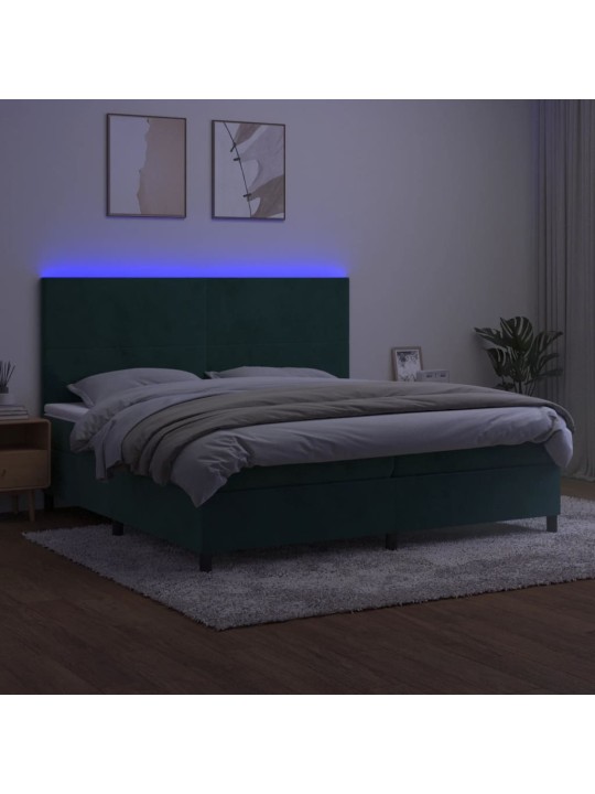 Box spring postel s matrací a led tmavě zelená 200x200 cm samet