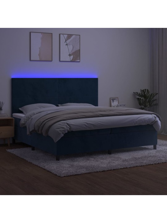 Box spring postel s matrací a LED tmavě modrá 200x200 cm samet