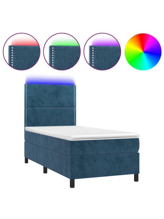 Box spring postel s matrací a LED tmavě modrá 90x190 cm samet