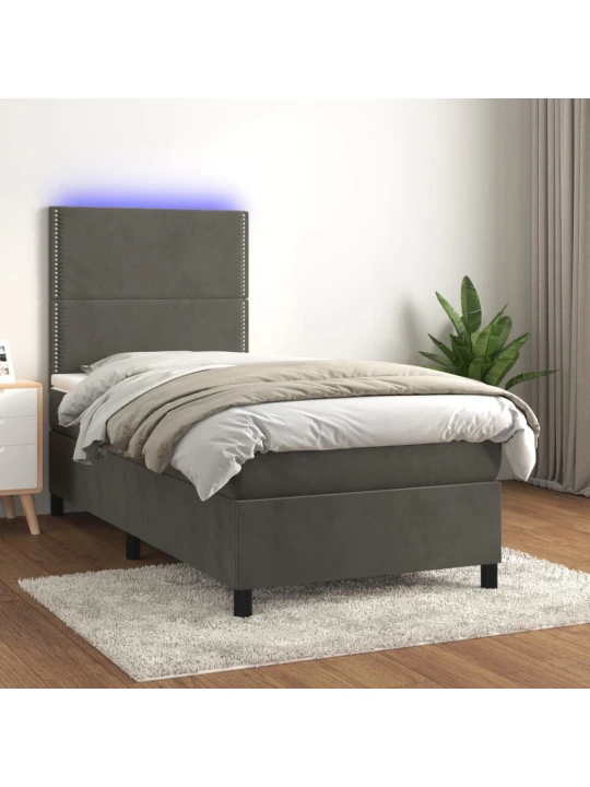Box spring postel s matrací a LED tmavě šedá 90x200 cm samet