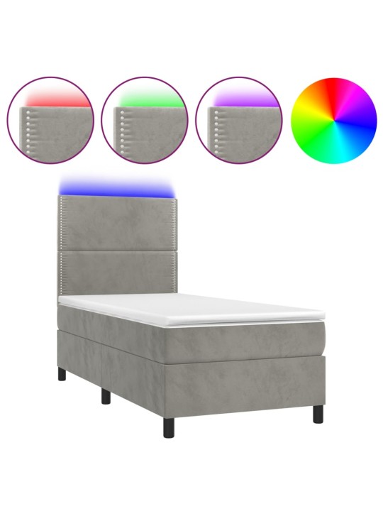 Box spring postel s matrací a LED světle šedá 100x200 cm samet