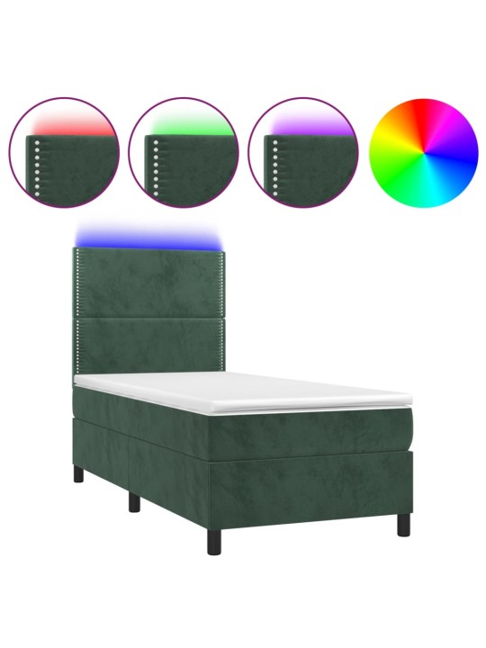 Box spring postel s matrací a LED tmavě zelená 100x200 cm samet