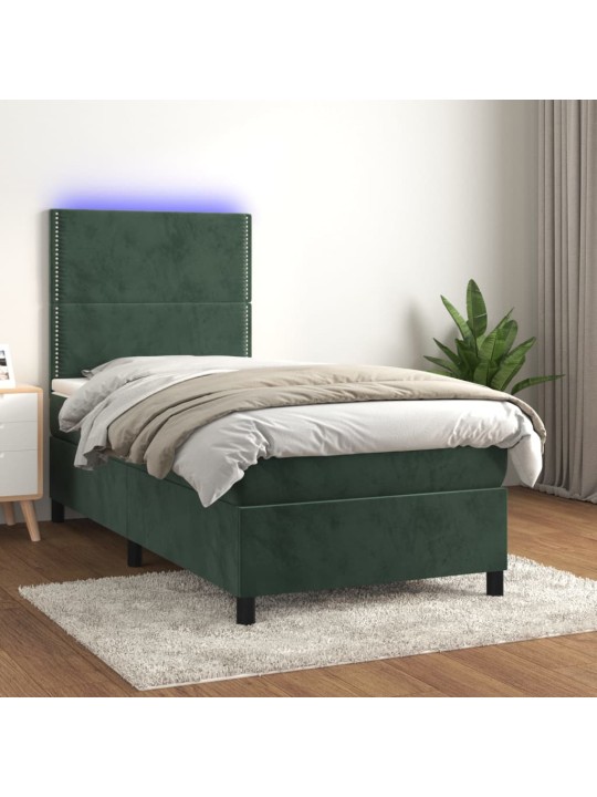 Box spring postel s matrací a LED tmavě zelená 100x200 cm samet