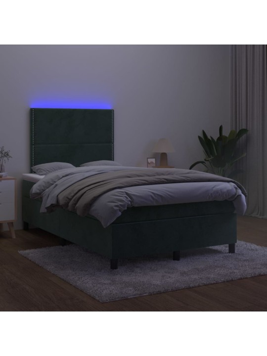 Box spring postel s matrací a LED tmavě zelená 120x200 cm samet