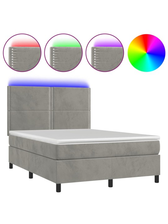 Box spring postel s matrací a LED světle šedá 140x190 cm samet
