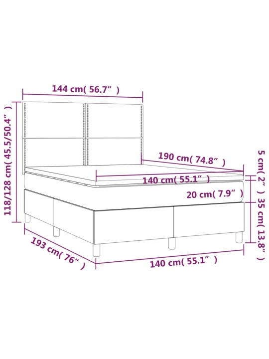 Box spring postel s matrací a LED světle šedá 140x190 cm samet