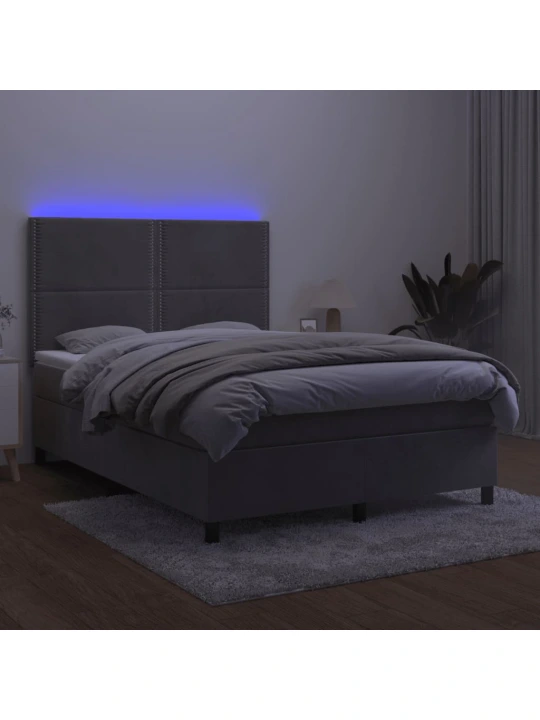 Box spring postel s matrací a LED světle šedá 140x200 cm samet