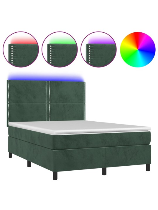Box spring postel s matrací a LED tmavě zelená 140x200 cm samet