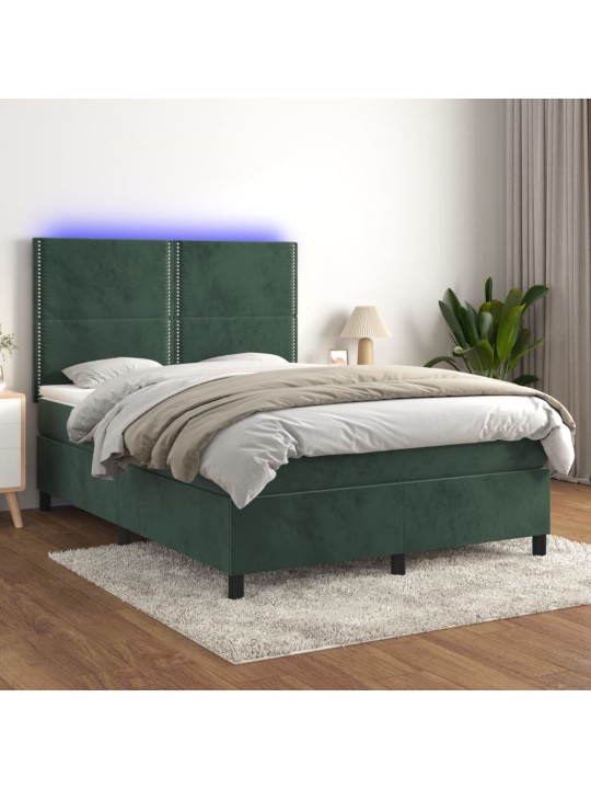 Box spring postel s matrací a LED tmavě zelená 140x200 cm samet