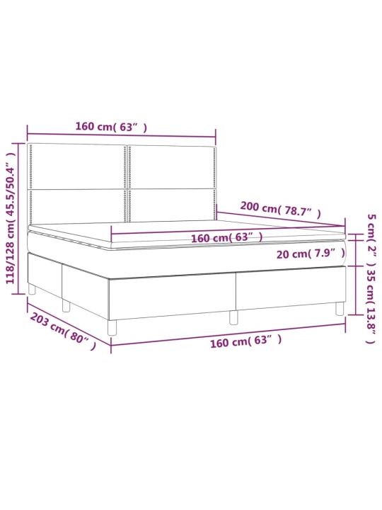 Box spring postel s matrací a LED světle šedá 160x200 cm samet