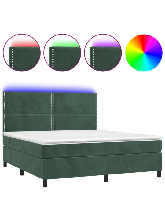 Box spring postel s matrací a led tmavě zelená 160x200 cm samet