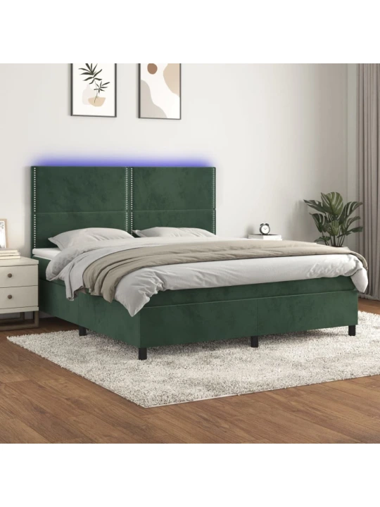 Box spring postel s matrací a led tmavě zelená 160x200 cm samet