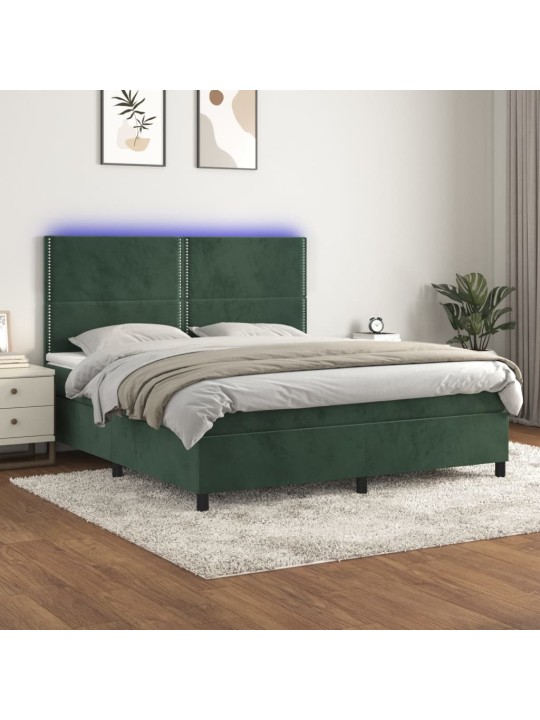 Box spring postel s matrací a led tmavě zelená 180x200 cm samet