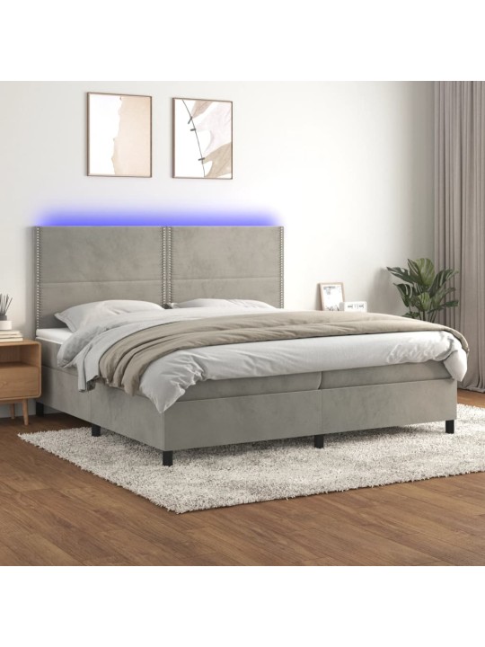 Box spring postel s matrací a LED světle šedá 200x200 cm samet