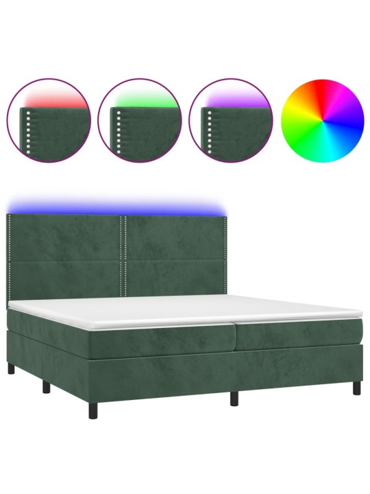 Box spring postel s matrací a LED tmavě zelená 200x200 cm samet