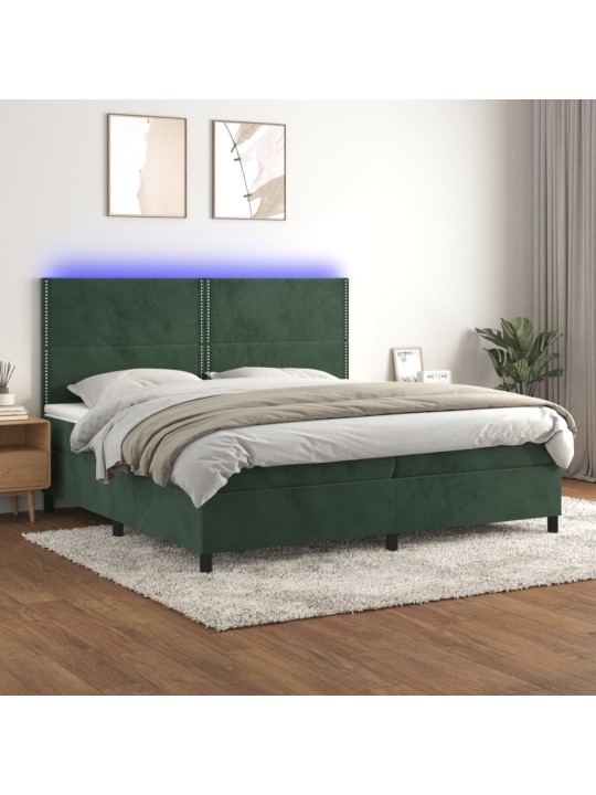 Box spring postel s matrací a LED tmavě zelená 200x200 cm samet