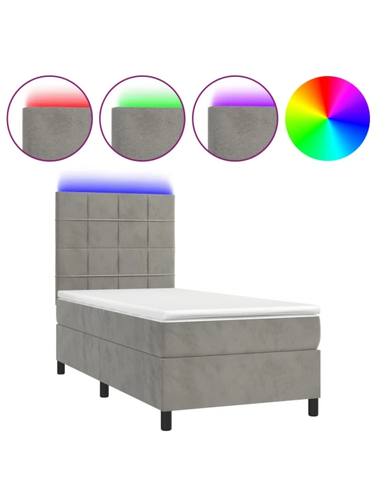 Box spring postel s matrací a LED světle šedá 100x200 cm samet