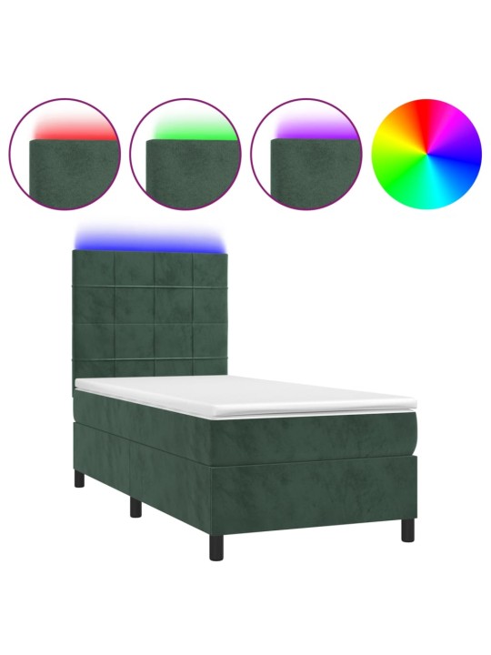 Box spring postel s matrací a LED tmavě zelená 100x200 cm samet