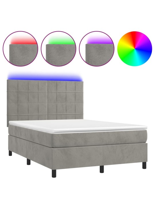 Box spring postel s matrací a LED světle šedá 140x190 cm samet