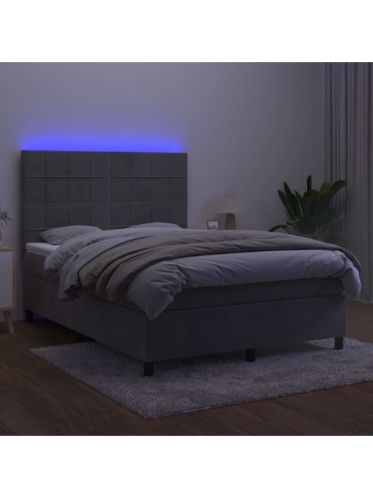 Box spring postel s matrací a LED světle šedá 140x190 cm samet