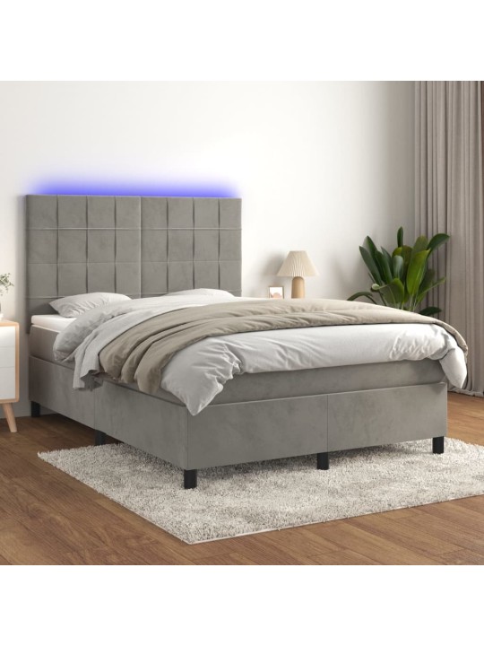 Box spring postel s matrací a LED světle šedá 140x190 cm samet