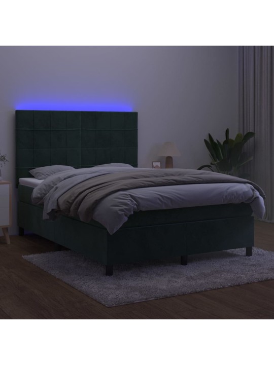 Box spring postel s matrací a led tmavě zelená 140x190 cm samet