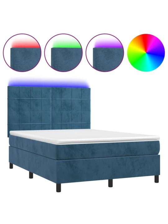 Box spring postel s matrací a led tmavě modrá 140x190 cm samet