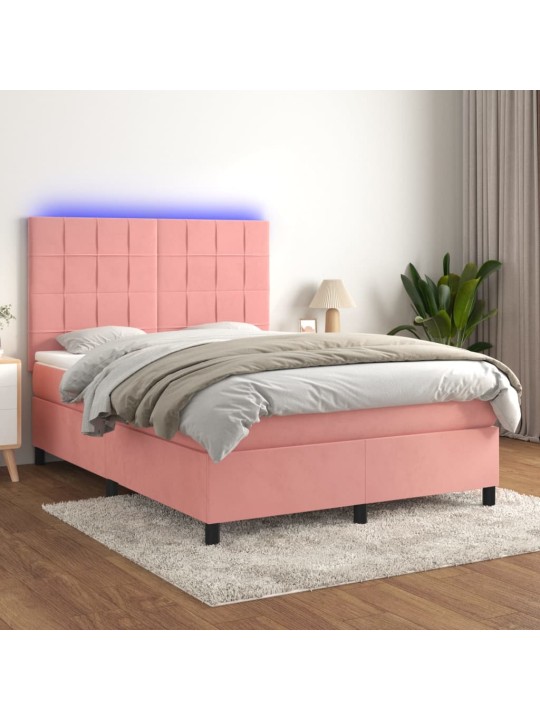 Box spring postel s matrací a led růžová 140x190 cm samet