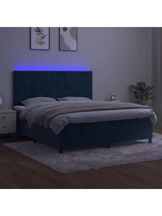 Box spring postel s matrací a led tmavě modrá 160x200 cm samet
