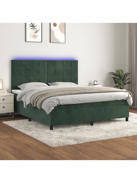 Box spring postel s matrací a led tmavě zelená 180x200 cm samet