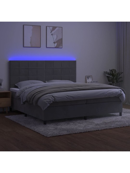 Box spring postel s matrací a LED světle šedá 200x200 cm samet