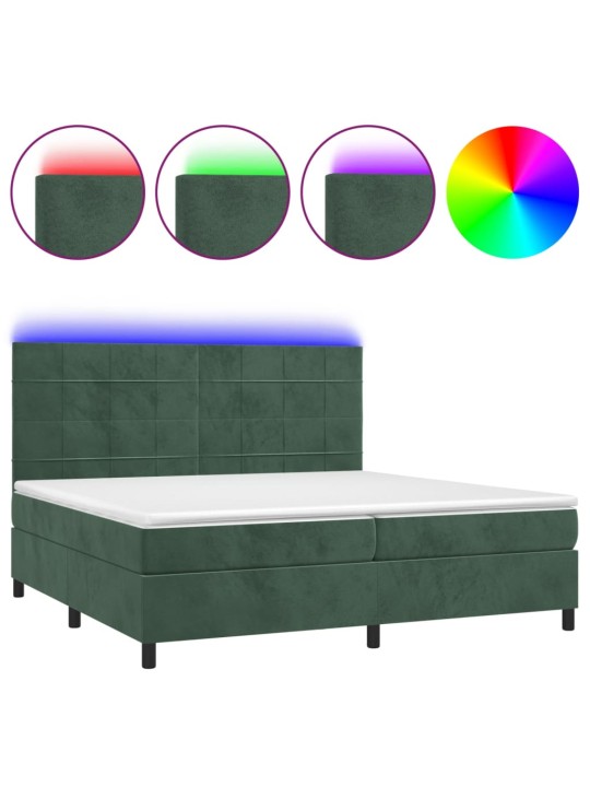 Box spring postel s matrací a LED tmavě zelená 200x200 cm samet