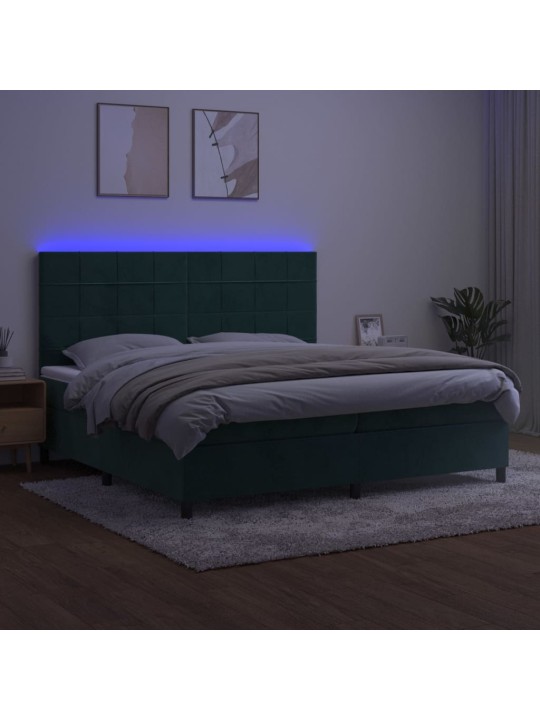 Box spring postel s matrací a LED tmavě zelená 200x200 cm samet