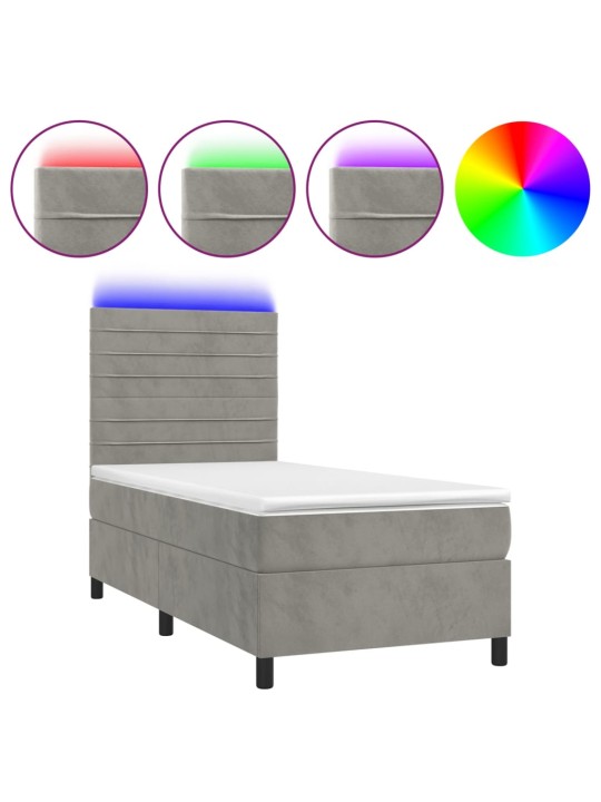 Box spring postel s matrací a LED světle šedá 100x200 cm samet