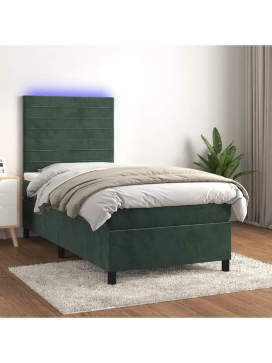 Box spring postel s matrací a LED tmavě zelená 100x200 cm samet