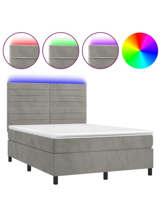 Box spring postel s matrací a LED světle šedá 140x190 cm samet