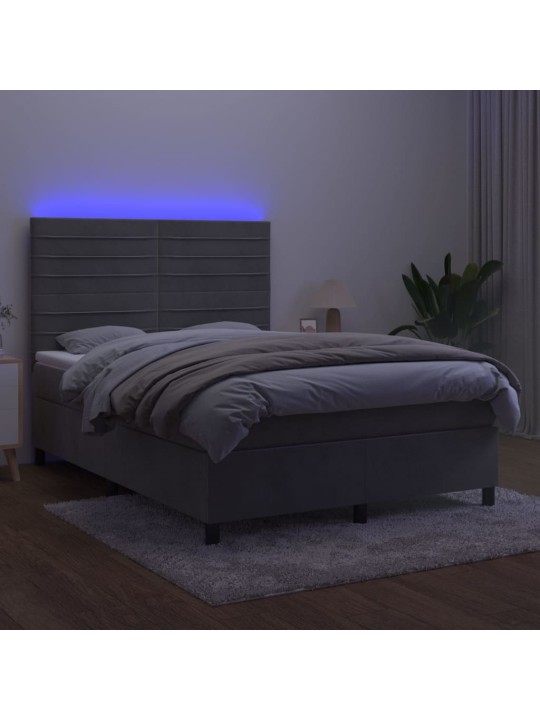 Box spring postel s matrací a LED světle šedá 140x190 cm samet