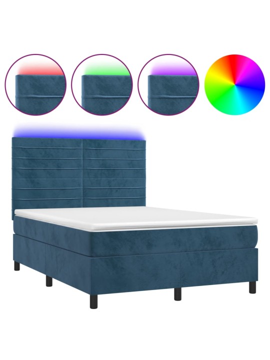 Box spring postel s matrací a led tmavě modrá 140x190 cm samet