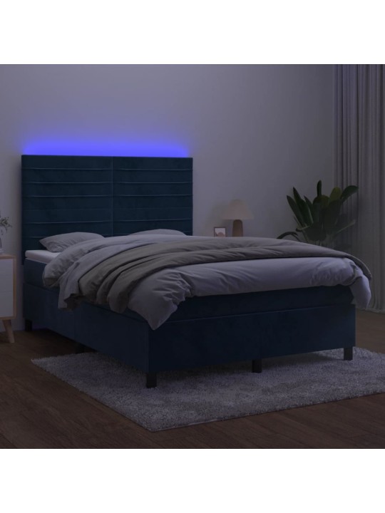 Box spring postel s matrací a led tmavě modrá 140x190 cm samet
