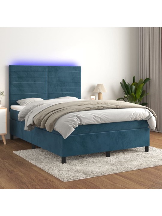 Box spring postel s matrací a led tmavě modrá 140x190 cm samet